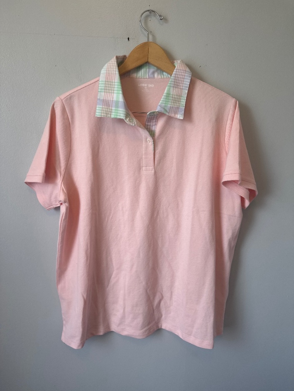 Lands End pink shirt with plaid collar